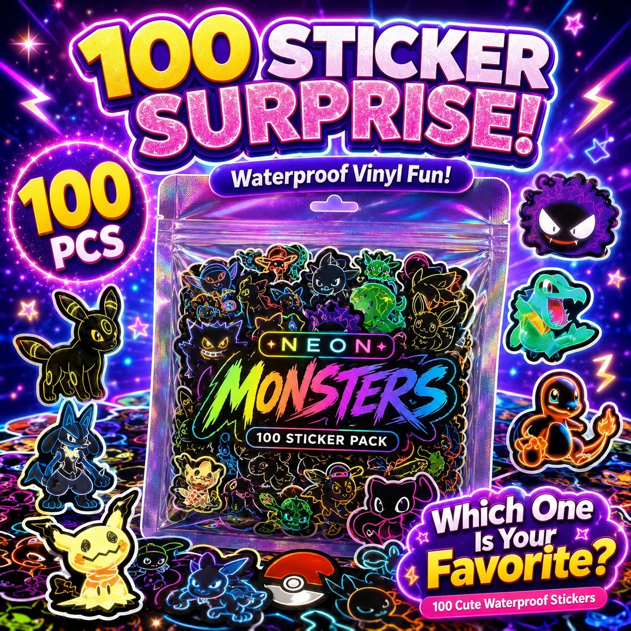 100pcs Neon  Pokémon  Stickers - Wall Sticker ulasan dan harga